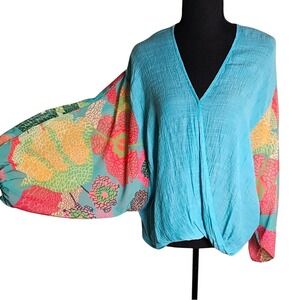 Umgee Faux Wrap Colorful Drop Sleeve Blouse Oversized Small